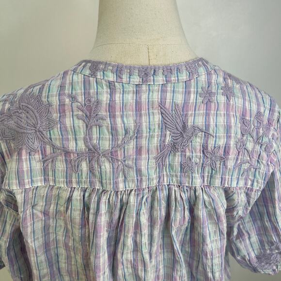 Johnny Was Malo Embroiderd Tunic Plaid Cotton Top Lilac Floral - Picture 8 of 9